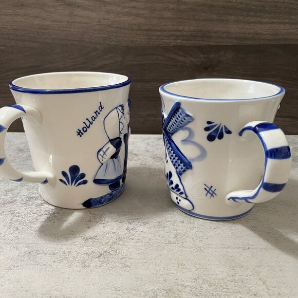 Vintage Blue Delft Deco Hand Painted Raised Relief Children Windmill Mugs Set/2 - Picture 10 of 10
